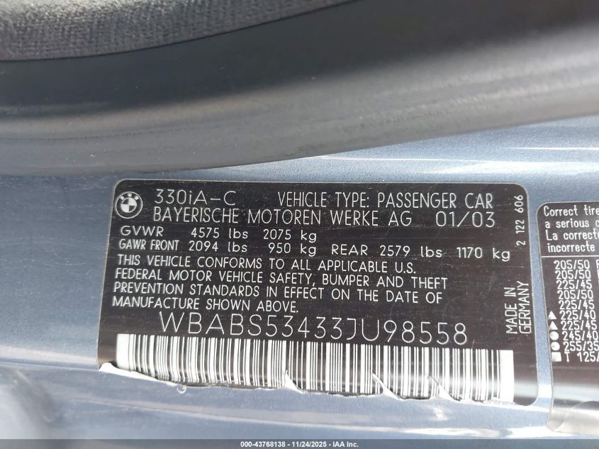 2003 BMW 330Ci VIN: WBABS53433JU98558 Lot: 43768138