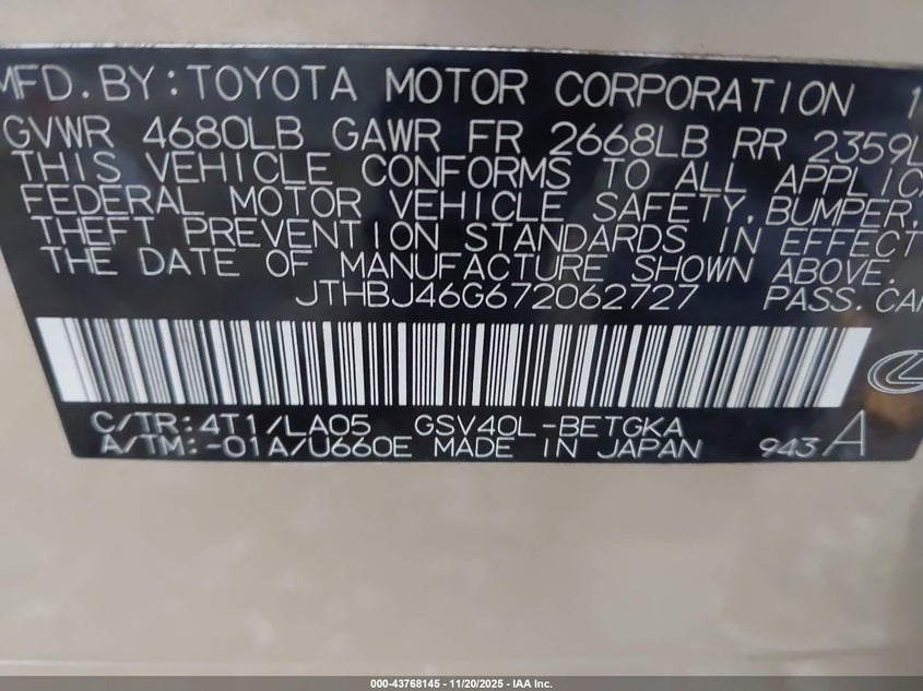 JTHBJ46G672062727 2007 LEXUS ES photo no. 9