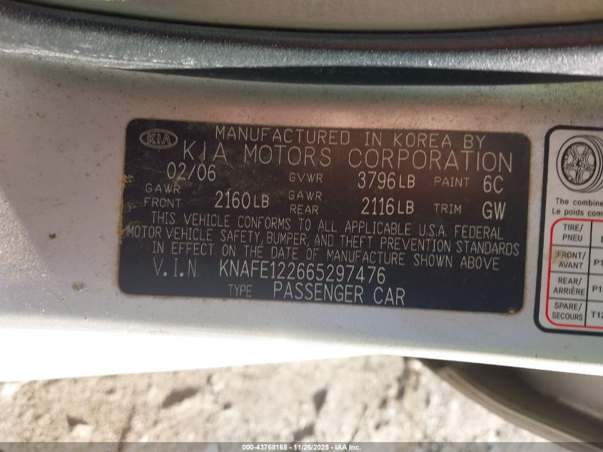 2006 Kia Spectra Ex/Lx/Sx VIN: KNAFE122665297476 Lot: 43768168