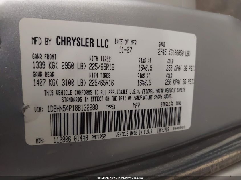 2008 Dodge Grand Caravan Sxt VIN: 1D8HN54P18B132288 Lot: 43768172