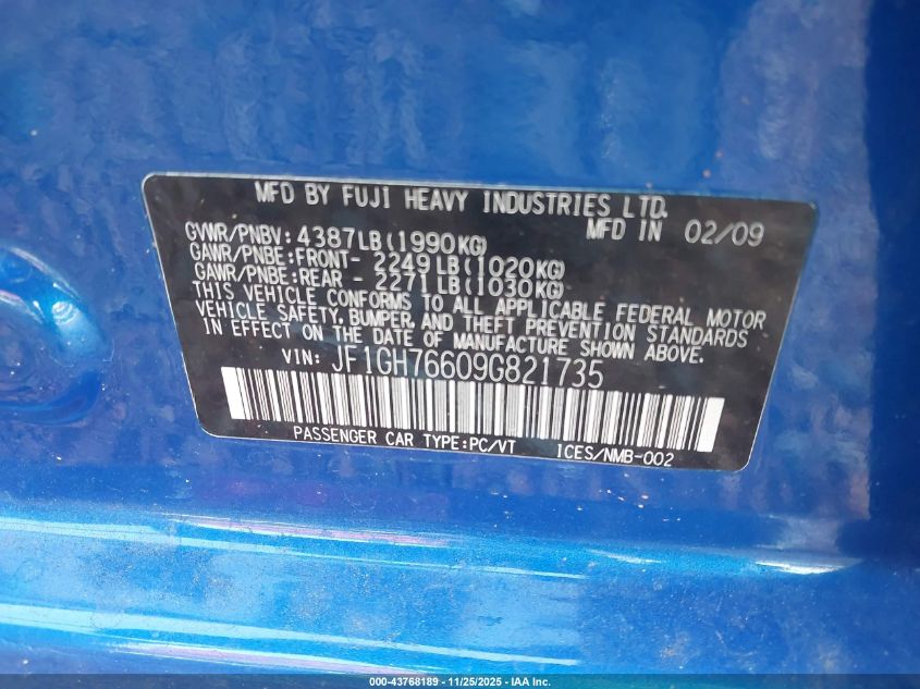2009 Subaru Impreza Wrx VIN: JF1GH76609G821735 Lot: 43768189