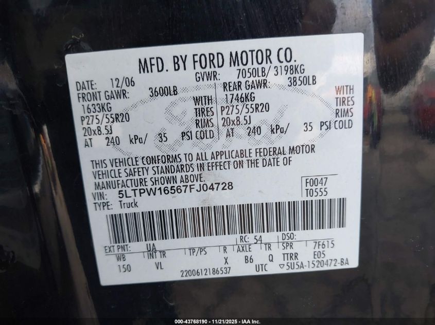 2007 Lincoln Mark Lt VIN: 5LTPW16567FJ04728 Lot: 43768190