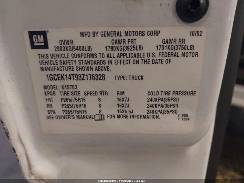 2003 Chevrolet Silverado 1500 Ls VIN: 1GCEK14T93Z176328 Lot: 43768197