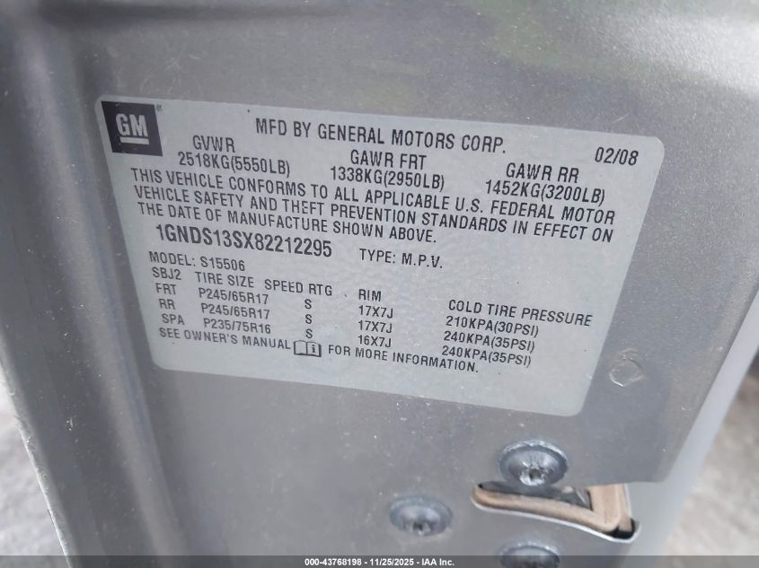 2008 Chevrolet Trailblazer Lt VIN: 1GNDS13SX82212295 Lot: 43768198