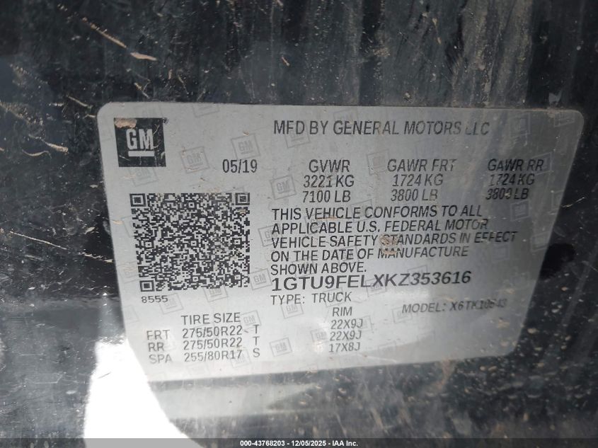 2019 GMC Sierra 1500 Denali VIN: 1GTU9FELXKZ353616 Lot: 43768203