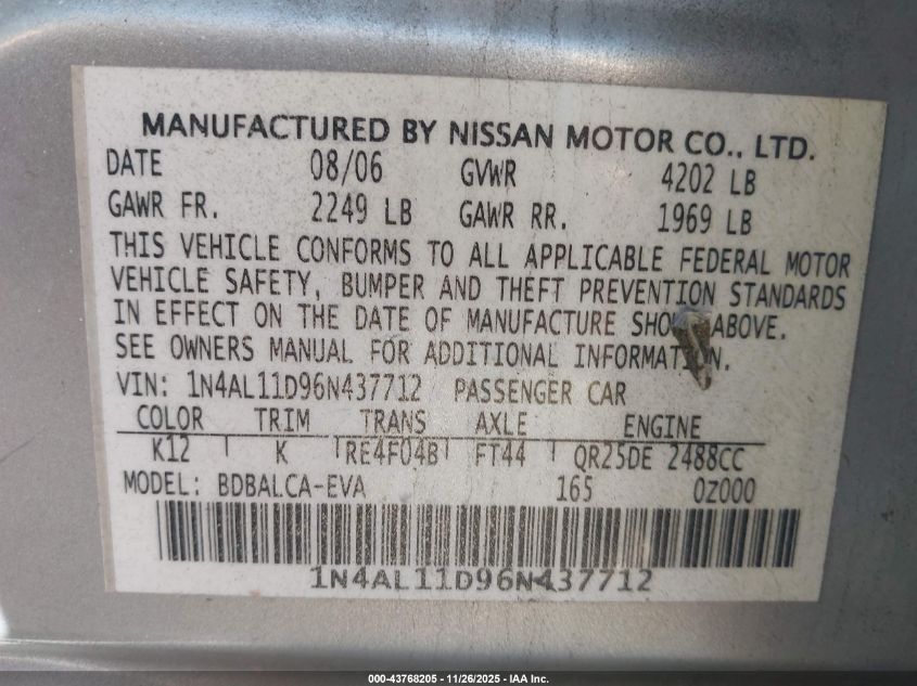 2006 Nissan Altima 2.5 S VIN: 1N4AL11D96N437712 Lot: 43768205