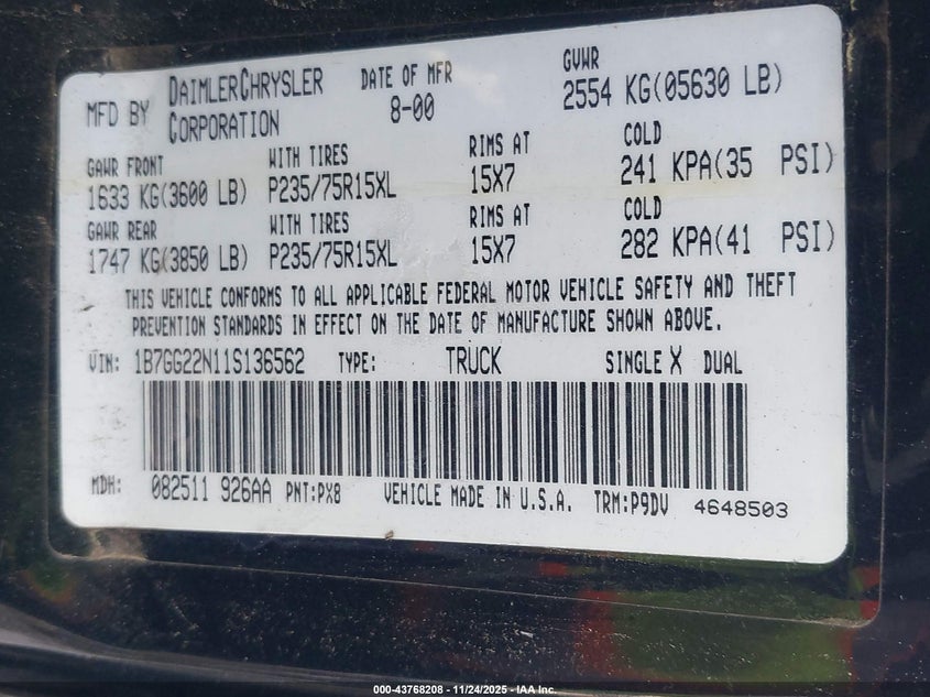 2001 Dodge Dakota Slt/Sport VIN: 1B7GG22N11S136562 Lot: 43768208