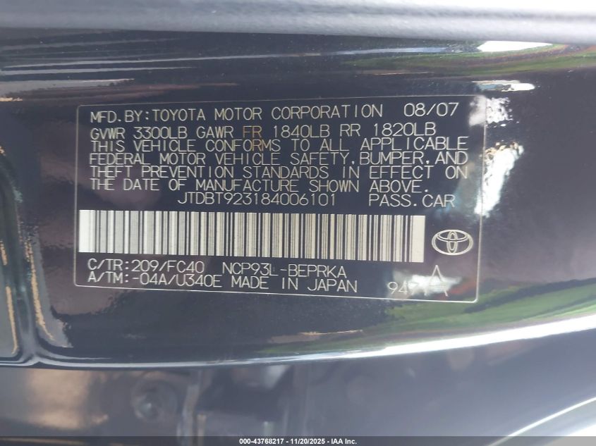 2008 Toyota Yaris VIN: JTDBT923184006101 Lot: 43768217