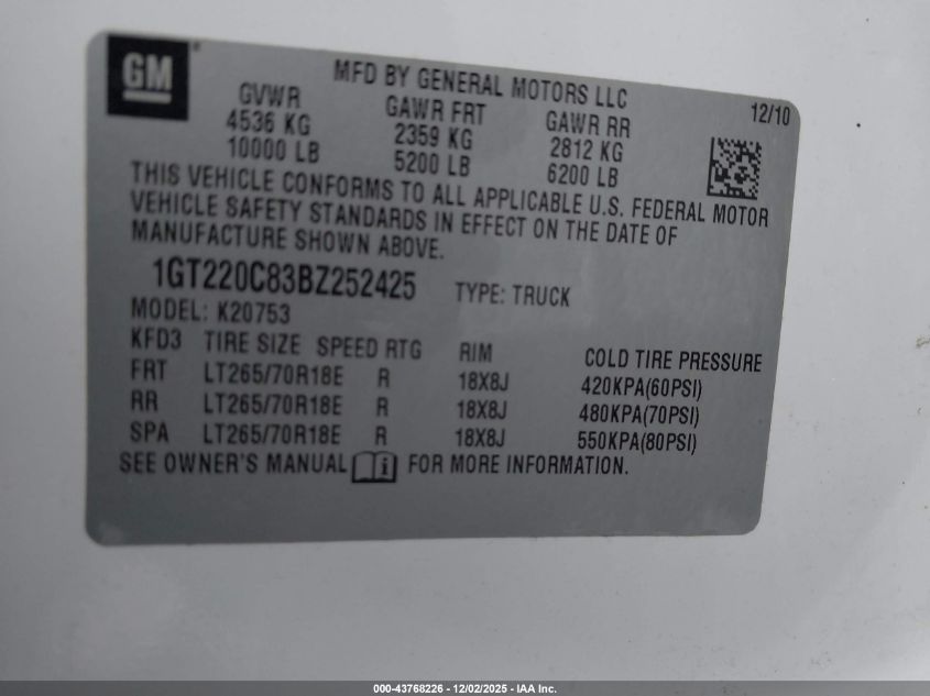 2011 GMC Sierra 2500Hd Sle VIN: 1GT220C83BZ252425 Lot: 43768226