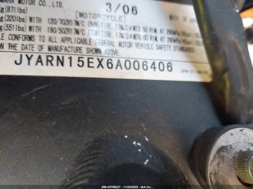 2006 Yamaha Yzfr1 VIN: JYARN15EX6A006406 Lot: 43768227