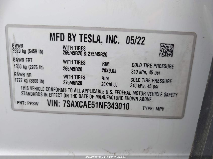 2022 Tesla Model X Dual Motor All-Wheel Drive VIN: 7SAXCAE51NF343010 Lot: 43768229