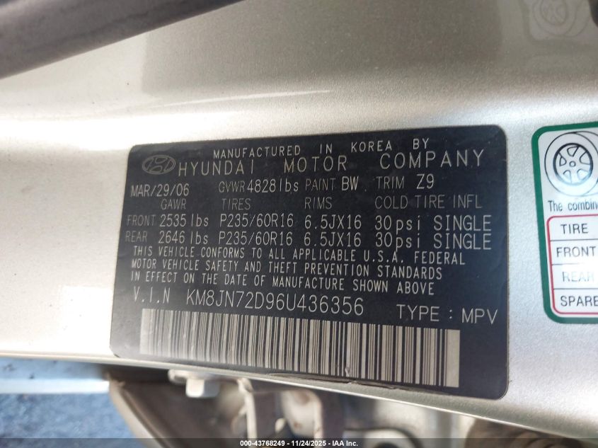 2006 Hyundai Tucson Gls/Limited VIN: KM8JN72D96U436356 Lot: 43768249