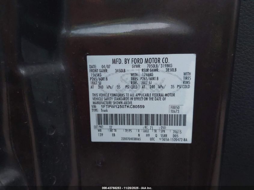 2007 Ford F-150 Lariat/Xlt VIN: 1FTPW12507KC80559 Lot: 43768253