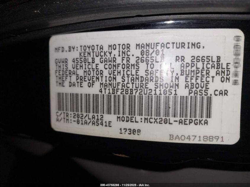 2002 Toyota Avalon Xls VIN: 4T1BF28B72U211051 Lot: 43768266