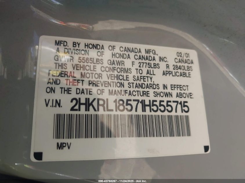 2001 Honda Odyssey Lx VIN: 2HKRL18571H555715 Lot: 43768267