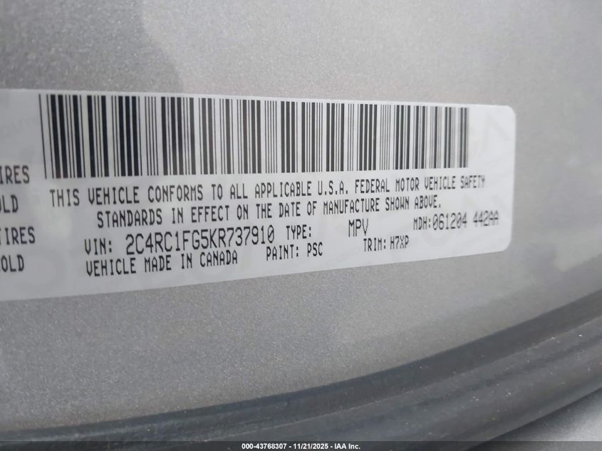 2019 Chrysler Pacifica Touring Plus VIN: 2C4RC1FG5KR737910 Lot: 43768307