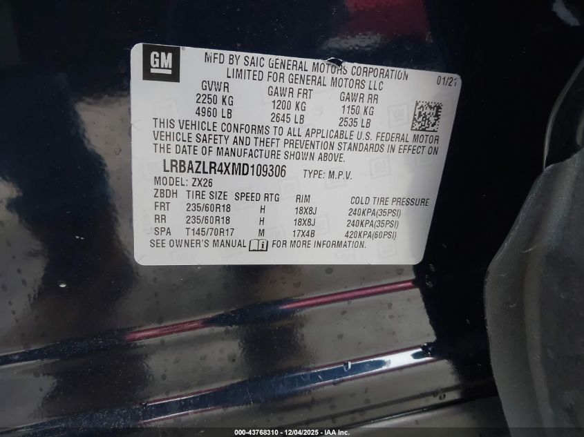 2021 Buick Envision Fwd Preferred VIN: LRBAZLR4XMD109306 Lot: 43768310