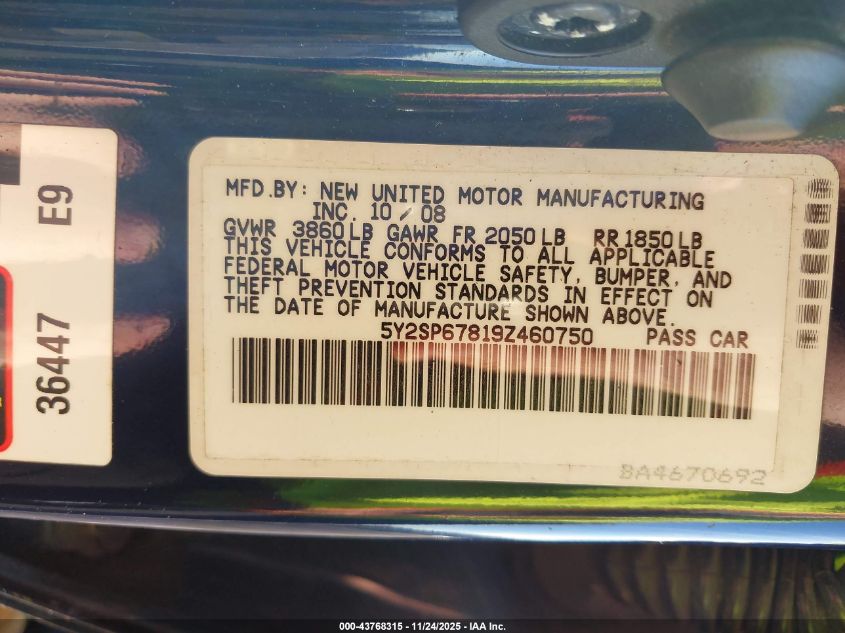 2009 Pontiac Vibe VIN: 5Y2SP67819Z460750 Lot: 43768315