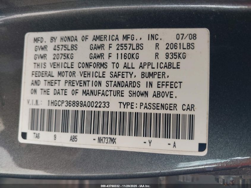 2009 Honda Accord 3.5 Ex-L VIN: 1HGCP36899A002233 Lot: 43768332