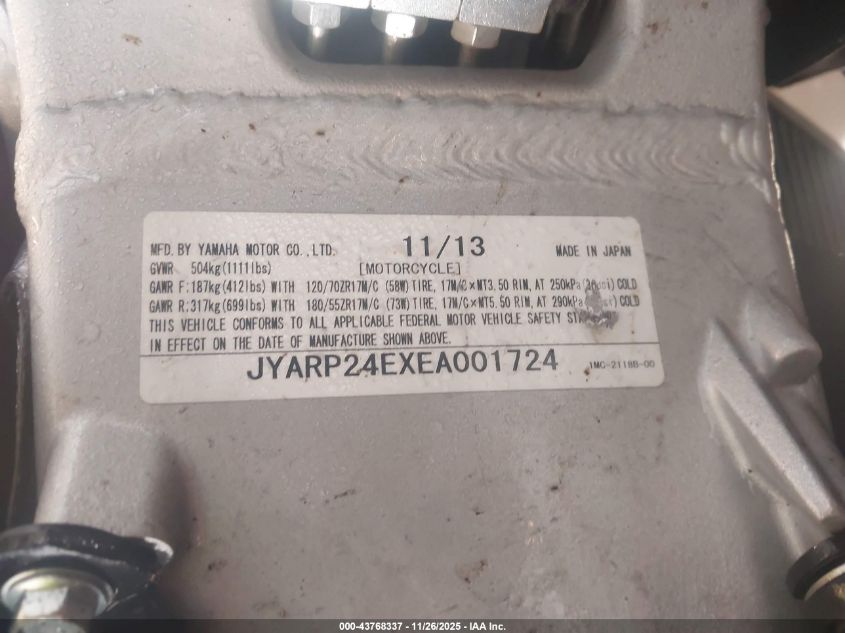 2014 Yamaha Fjr1300 A VIN: JYARP24EXEA001724 Lot: 43768337