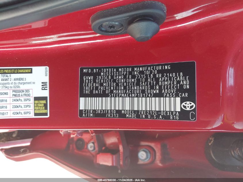 2021 Toyota Corolla Le VIN: 5YFEPMAE4MP181747 Lot: 43768338