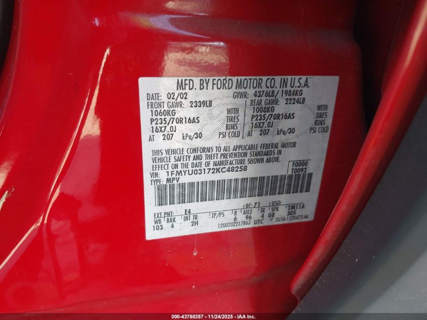 2002 Ford Escape Xlt VIN: 1FMYU03172KC48258 Lot: 43768357