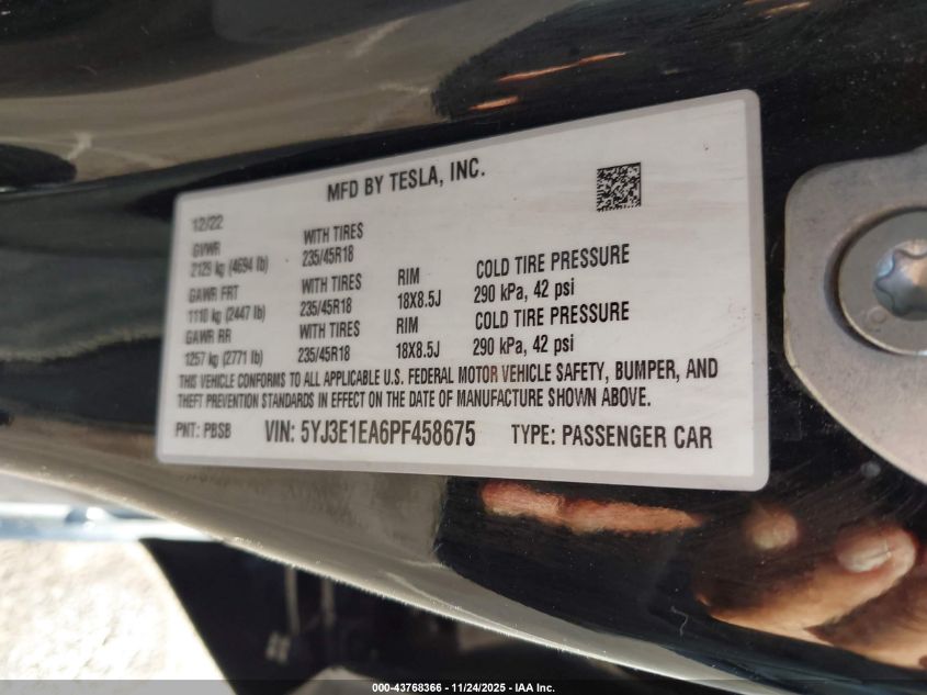 2023 Tesla Model 3 Rear-Wheel Drive VIN: 5YJ3E1EA6PF458675 Lot: 43768366