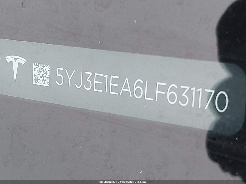 2020 Tesla Model 3 Standard Range Plus Rear-Wheel Drive/Standard Range Rear-Wheel Drive VIN: 5YJ3E1EA6LF631170 Lot: 43768379