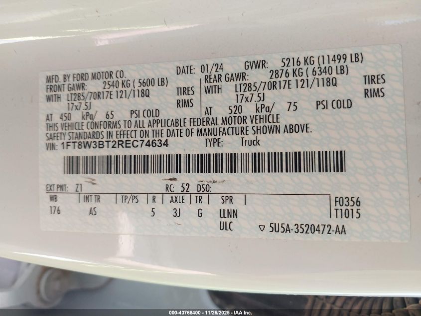 2024 Ford F-350 Xl VIN: 1FT8W3BT2REC74634 Lot: 43768400