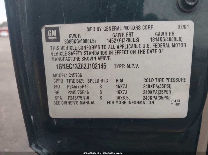 2002 Chevrolet Tahoe Ls VIN: 1GNEC13Z82J102146 Lot: 43768411