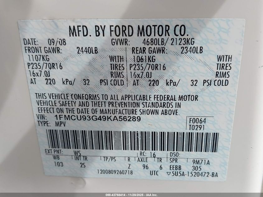 2009 Ford Escape Xlt VIN: 1FMCU93G49KA56289 Lot: 43768414