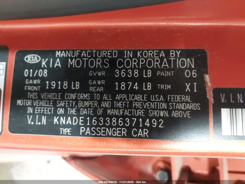 2008 Kia Rio5 Sx VIN: KNADE163386371492 Lot: 43768418