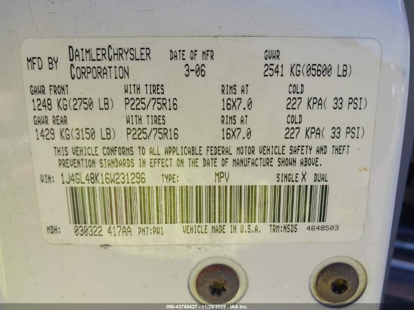 2006 Jeep Liberty Sport VIN: 1J4GL48K16W231296 Lot: 43768427