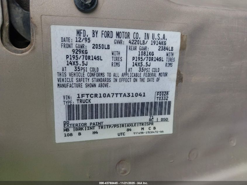 1996 Ford Ranger VIN: 1FTCR10A7TTA31041 Lot: 43768445