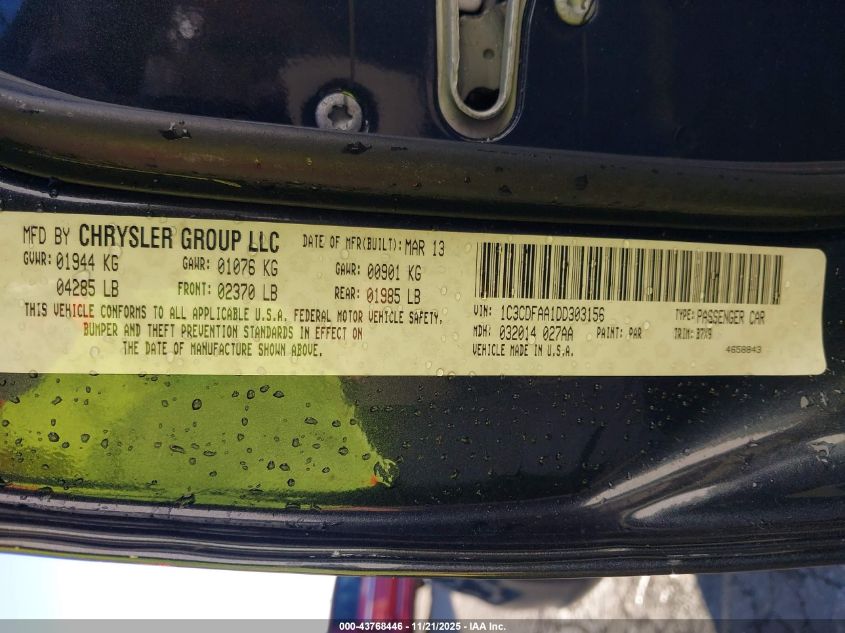 2013 Dodge Dart Se VIN: 1C3CDFAA1DD303156 Lot: 43768446