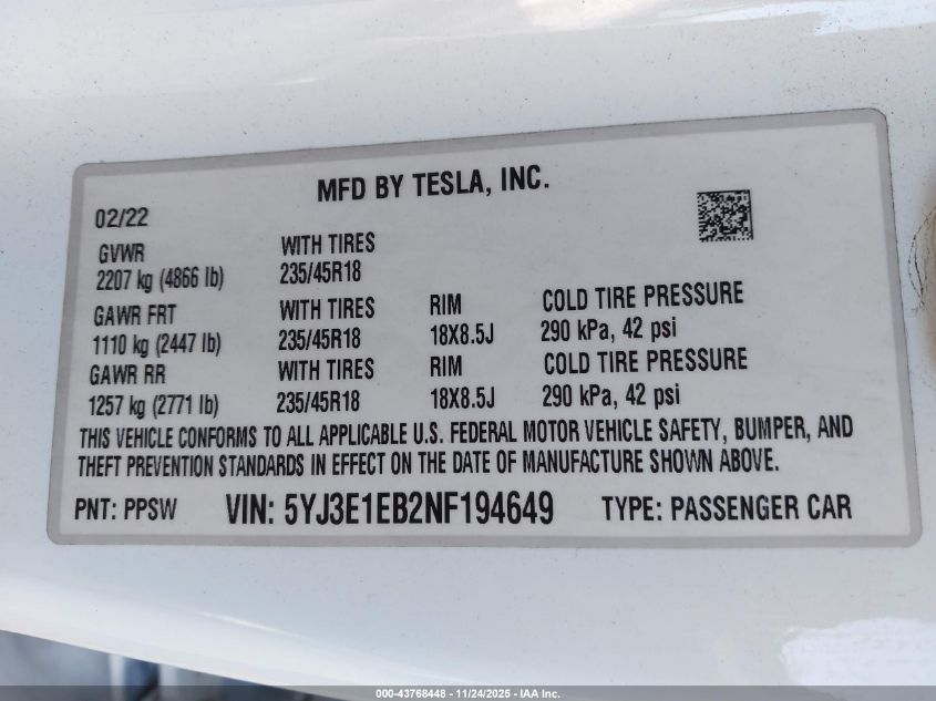 2022 Tesla Model 3 Long Range Dual Motor All-Wheel Drive VIN: 5YJ3E1EB2NF194649 Lot: 43768448