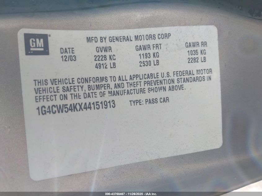 2004 Buick Park Avenue VIN: 1G4CW54KX44151913 Lot: 43768467