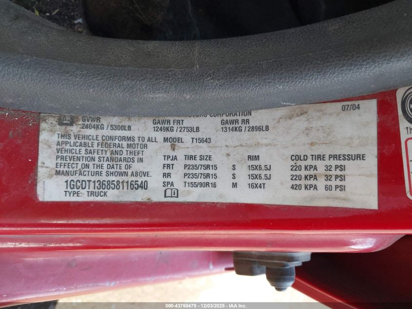 2005 Chevrolet Colorado Ls VIN: 1GCDT136858116540 Lot: 43768479