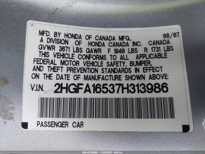 2HGFA16537H313986 2007 HONDA CIVIC photo no. 9