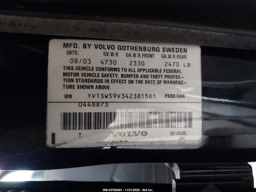 2004 Volvo V70 2.5T VIN: YV1SW59V342381561 Lot: 43768483