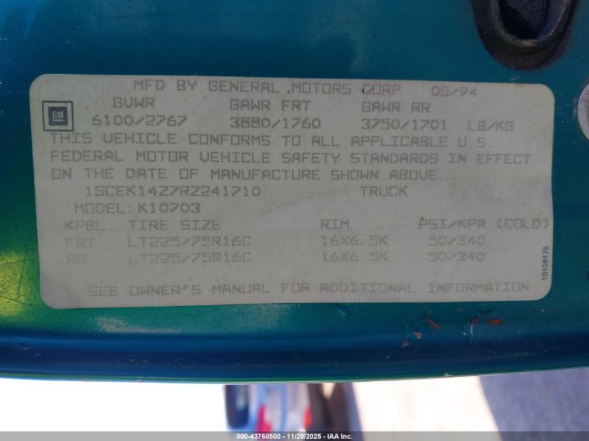 1994 Chevrolet Gmt-400 K1500 VIN: 1GCEK14Z7RZ241710 Lot: 43768500