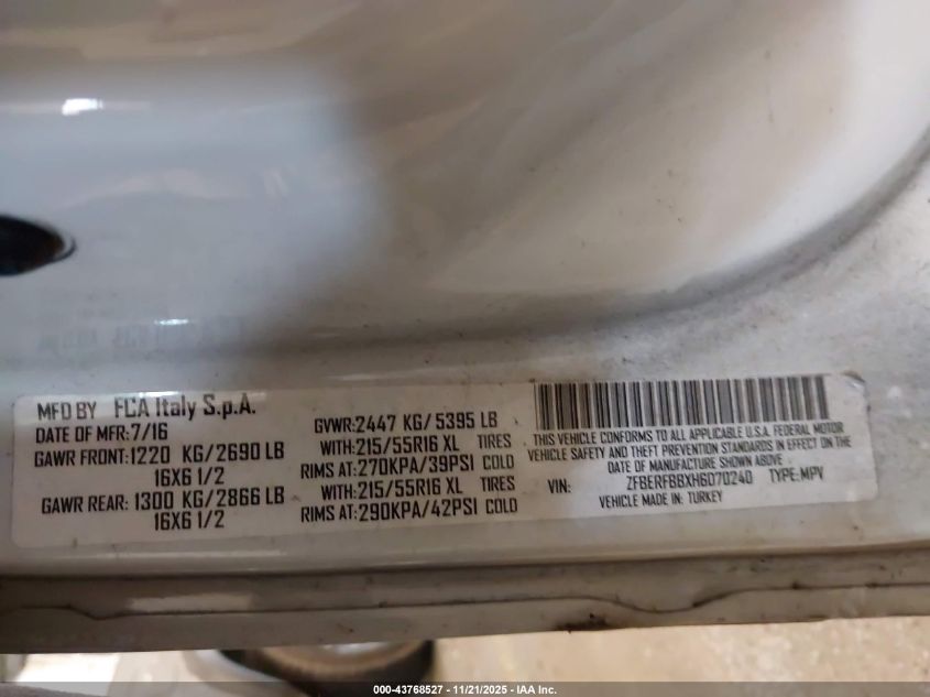 2017 Ram Promaster City Tradesman Slt VIN: ZFBERFBBXH6D70240 Lot: 43768527