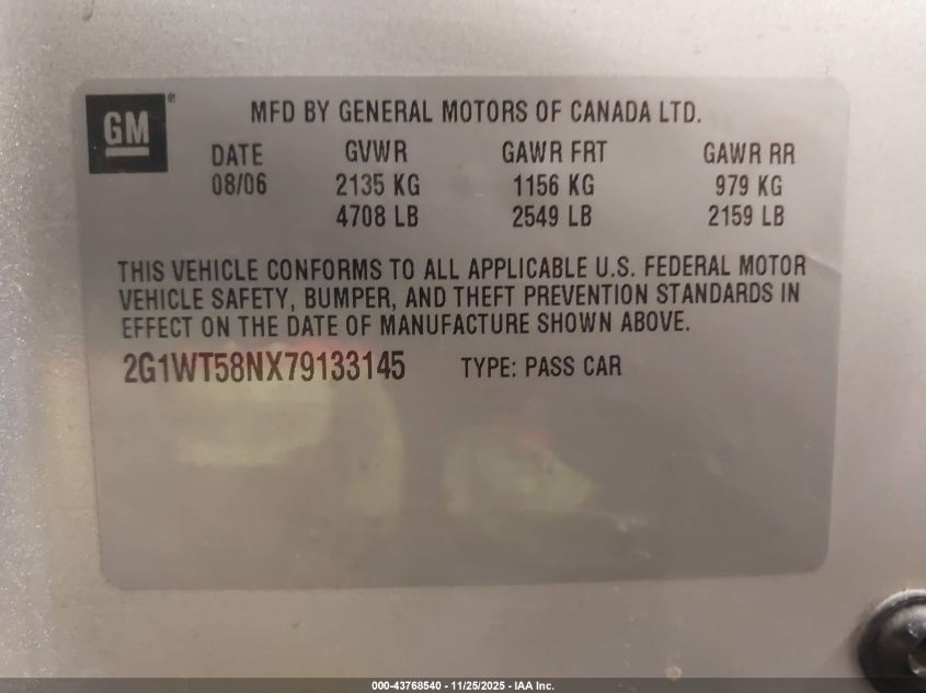 2007 Chevrolet Impala Lt VIN: 2G1WT58NX79133145 Lot: 43768540