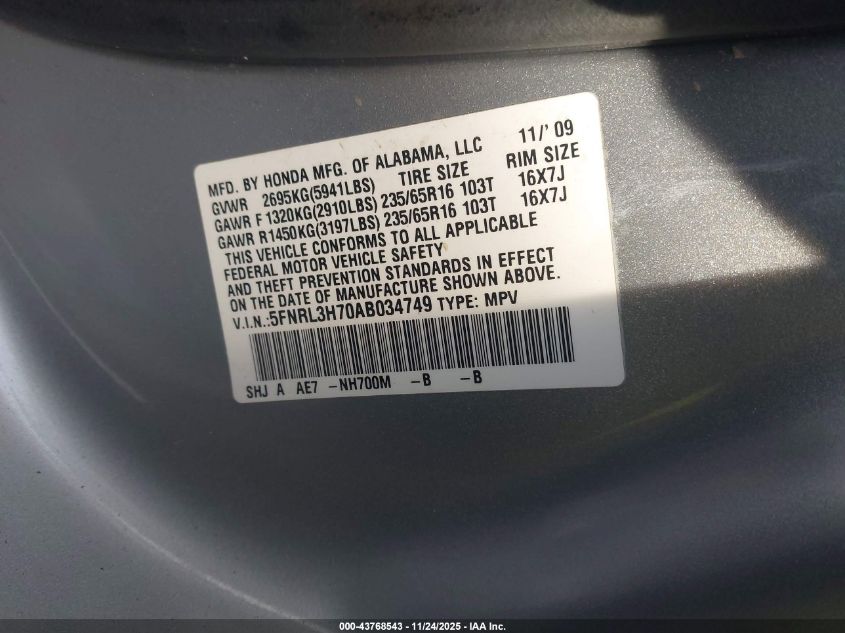 2010 Honda Odyssey Ex-L VIN: 5FNRL3H70AB034749 Lot: 43768543