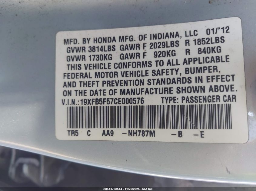 2012 Honda Civic Natural Gas VIN: 19XFB5F57CE000576 Lot: 43768544
