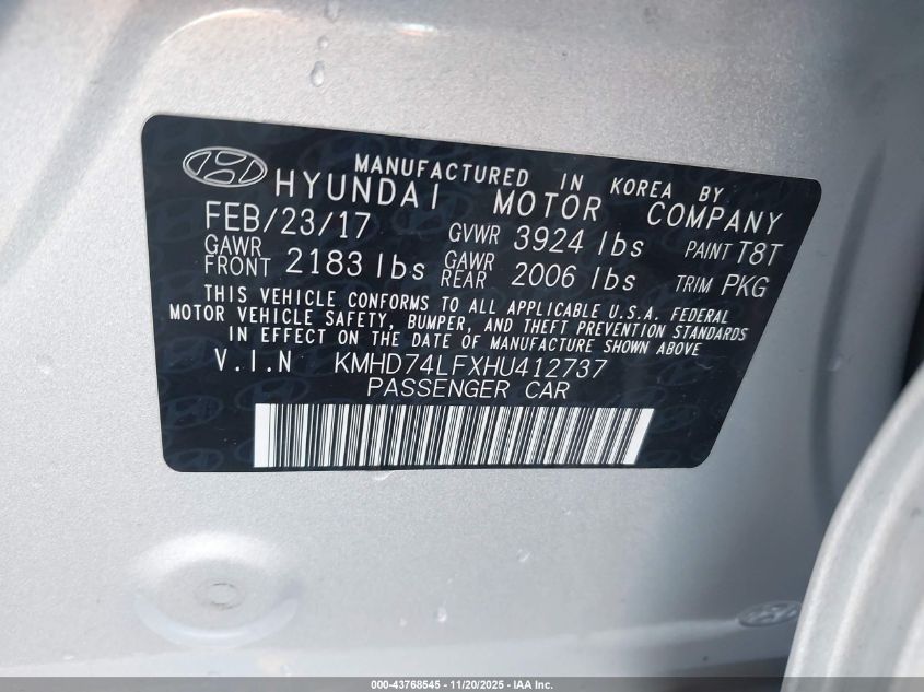2017 Hyundai Elantra Se VIN: KMHD74LFXHU412737 Lot: 43768545