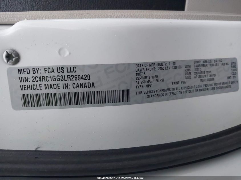 2020 Chrysler Pacifica Limited VIN: 2C4RC1GG3LR269420 Lot: 43768557