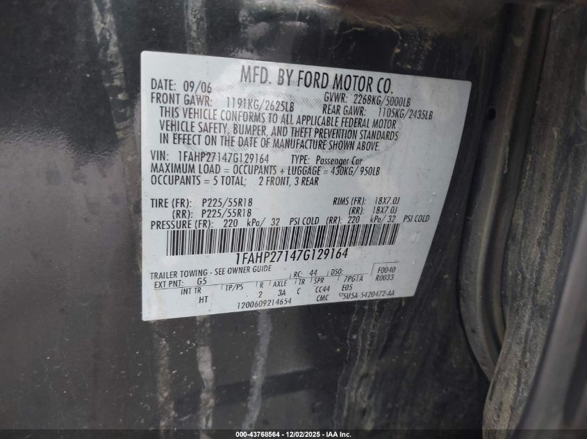 2007 Ford Five Hundred Sel VIN: 1FAHP27147G129164 Lot: 43768564