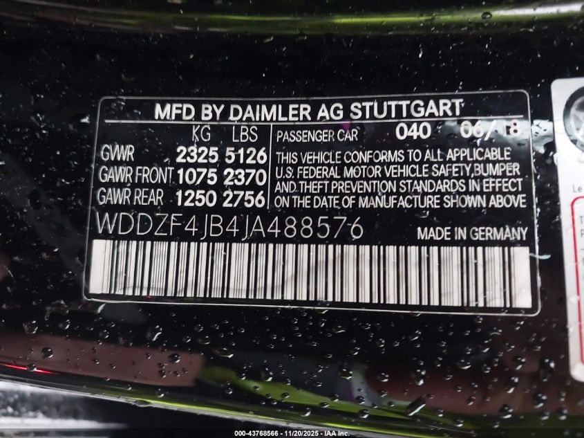 2018 Mercedes-Benz E 300 VIN: WDDZF4JB4JA488576 Lot: 43768566