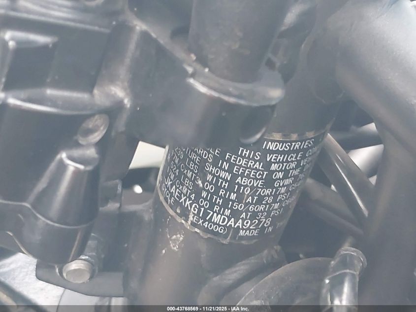 2021 Kawasaki Ex400 VIN: JKAEXKG17MDAA9278 Lot: 43768569